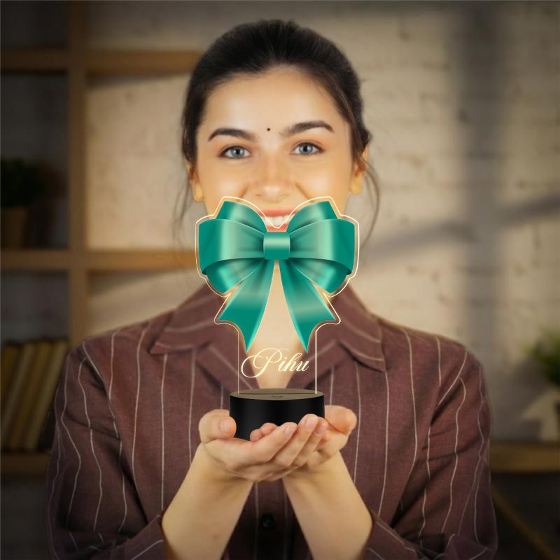 Personalized Turquoise Bow Theme LED Night Light Lamp Custom with Name Girls Room Decor Birthday Gift for Girls Return Gift for Girl Warm White Light & USB Powered